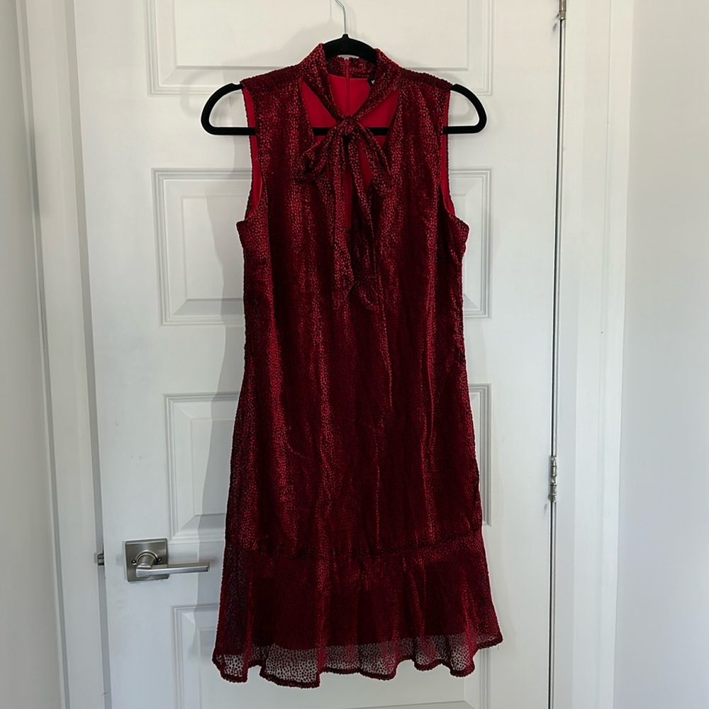 KARL LAGERFELD - Pindot Velvet tie-neck mini dress size 6 red and black